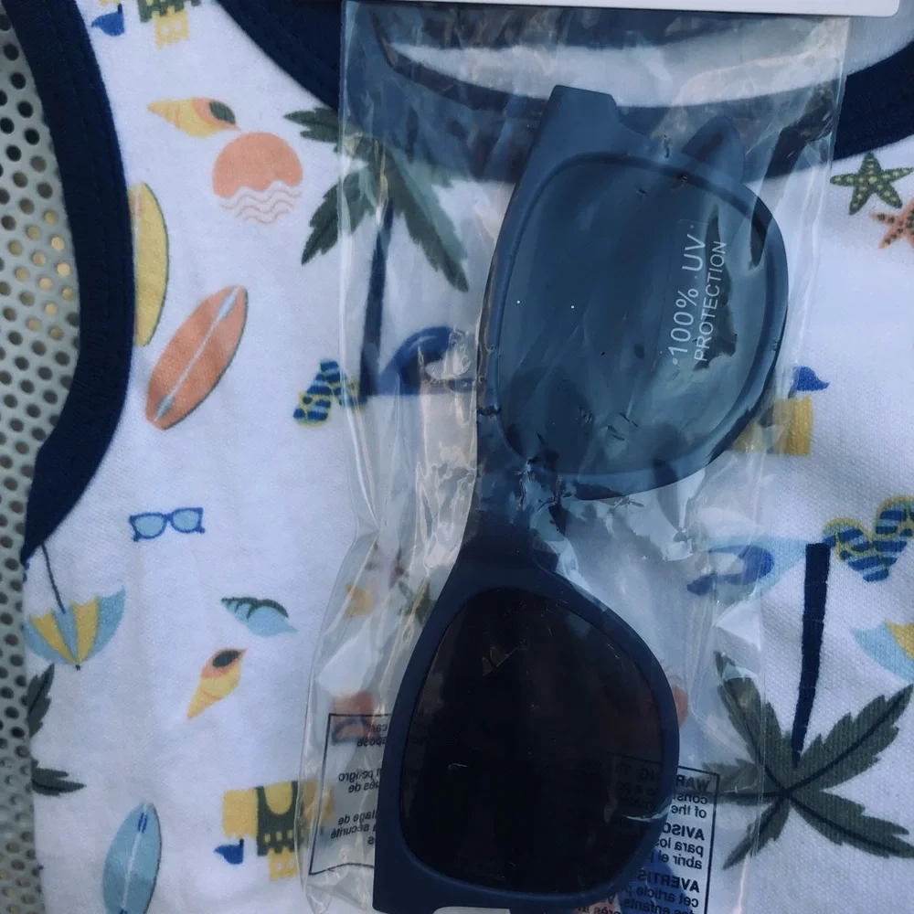 Boys - White Beach Print Onesie with Navy Pants & Sunglasses - Brand New w/Tags!